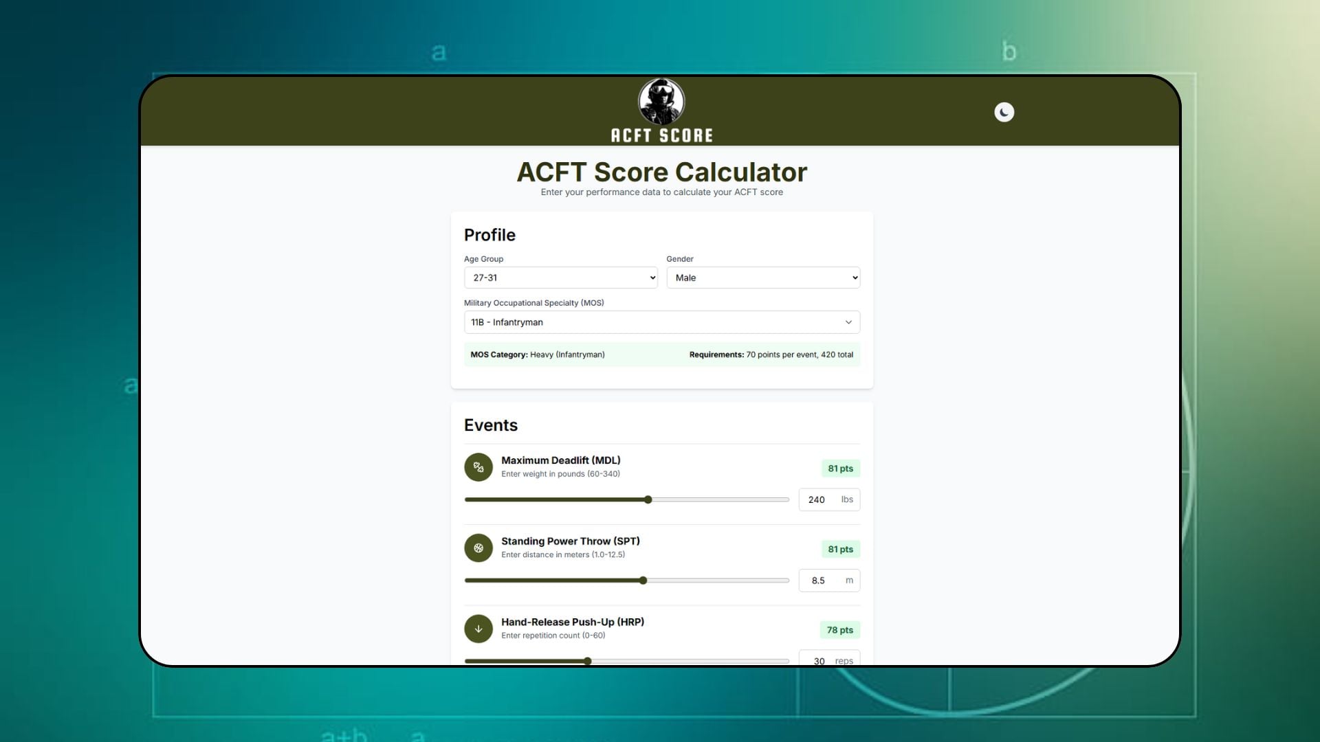 ACFT Score Calculator